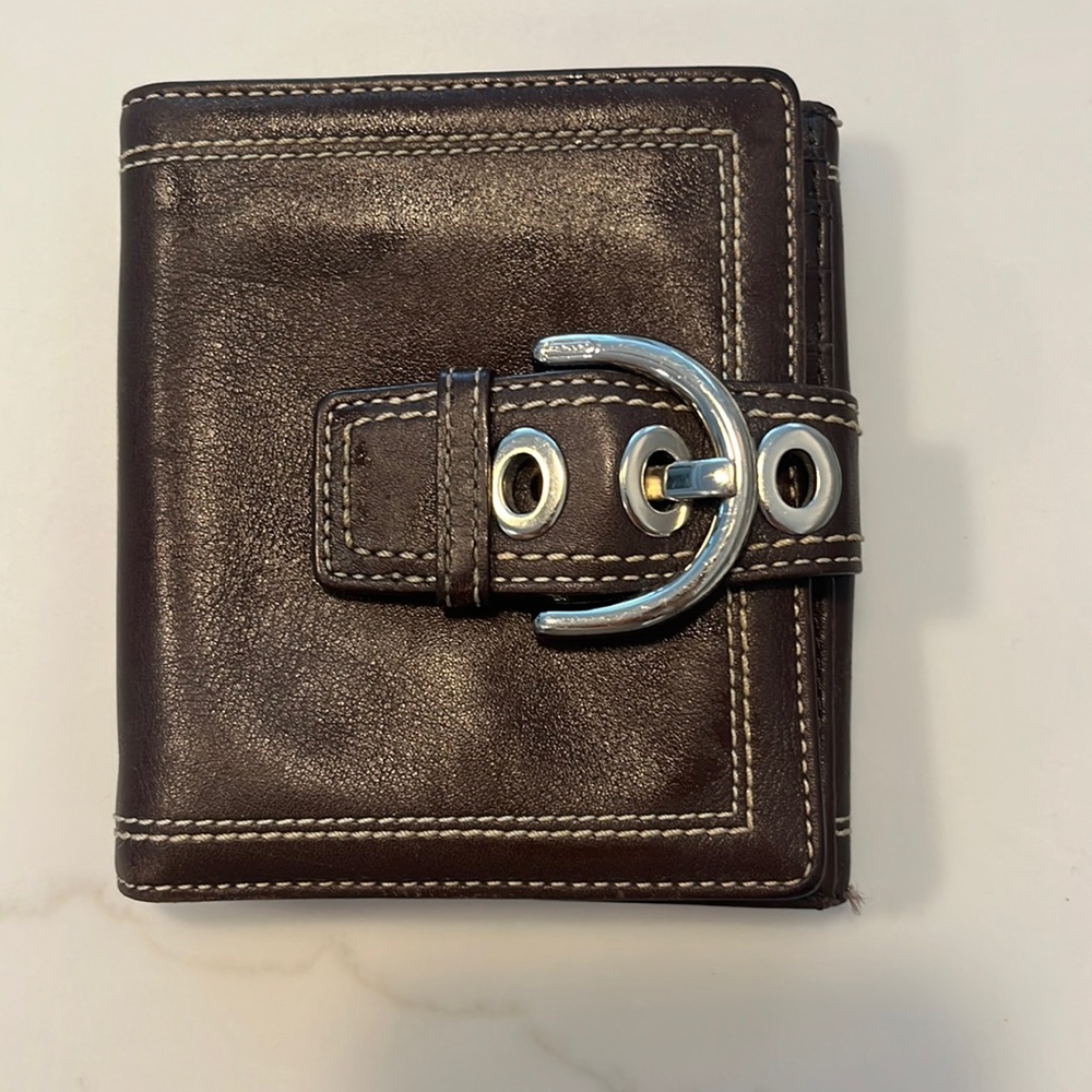 Coach brown leather wallet with silver buckle snap closure